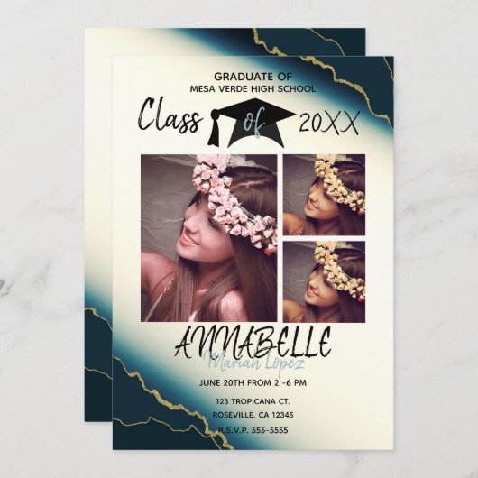 金ゴールドブルー瑪瑙の卒業パーティー3写真 招待状 (正面/裏面)