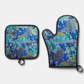 金ゴールドブルー白日本の桜着物フローラ 鍋つかみ&鍋敷きセット (正面)