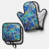 金ゴールドブルー白日本の桜着物フローラ 鍋つかみ&鍋敷きセット (正面/裏面)