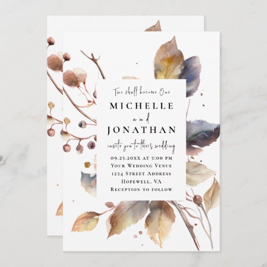 金ゴールドブルー紅葉2が一つの聖書結婚になる 招待状 (正面/裏面)