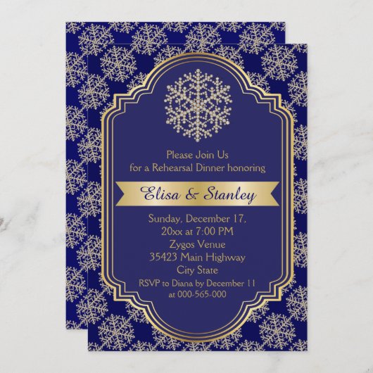 金ゴールドブルー結婚スノーフレークのリハーサル 招待状 (正面/裏面)