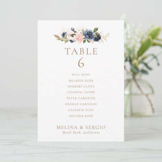 金ゴールドブルー結婚ピンクのテーブル6シーティングチャートカード 招待状 (スタンド正面)