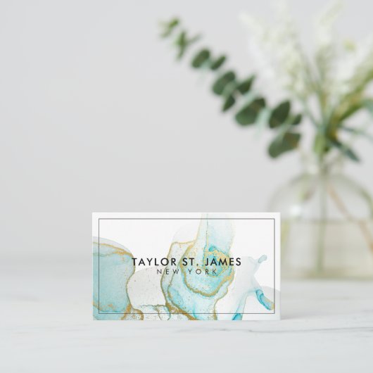 金ゴールドブルー絵画の（ばちゃばちゃ）跳ねる水色 名刺 (スタンド正面)