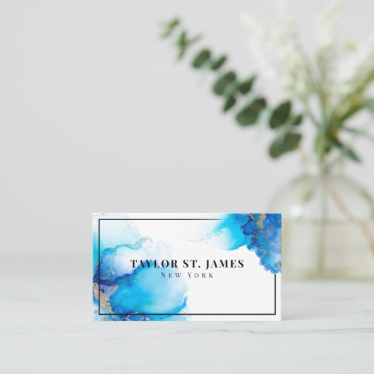 金ゴールドブルー絵画（ばちゃばちゃ）跳ねるプロフェッショナル 名刺 (スタンド正面)