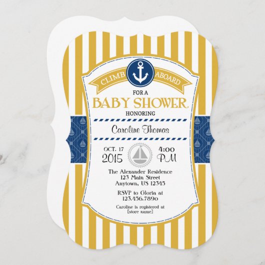 金ゴールドブルー航海のベビーシャワー招待状 招待状 (正面/裏面)