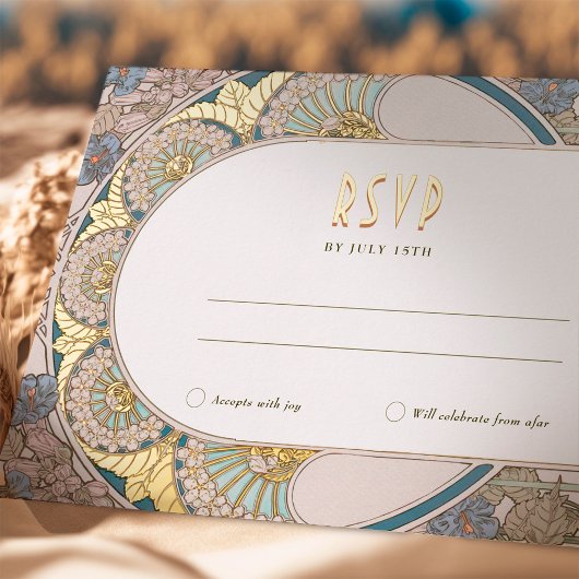 金ゴールドブルーRSVP挿入ヴィンテージアールヌーボーbyミュシャ 箔シーズンポストカード