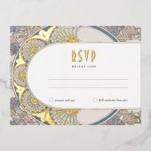 金ゴールドブルーRSVP挿入ヴィンテージアールヌーボーbyミュシャ 箔シーズンポストカード (正面)