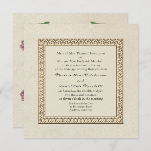 金ゴールドブロケダマスクフローラエレガフォーマルントウェディング 招待状 (正面/裏面)