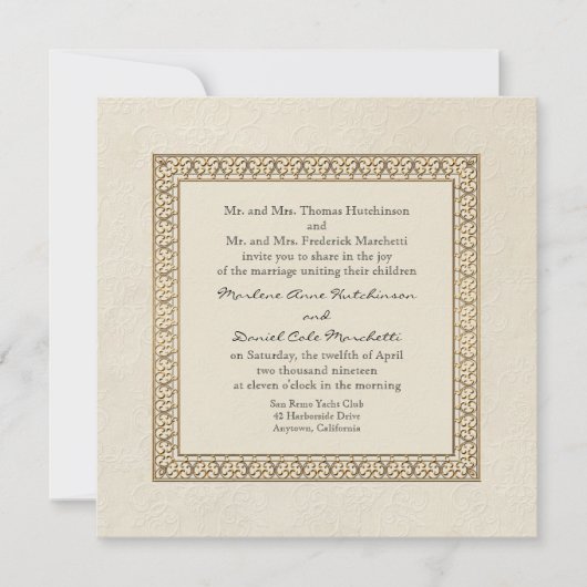 金ゴールドブロケダマスクフローラエレガフォーマルントウェディング 招待状 (正面)