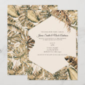 金ゴールドブロンズグリッタートロピカルパ葉ームズ結婚ズ 招待状 (正面/裏面)