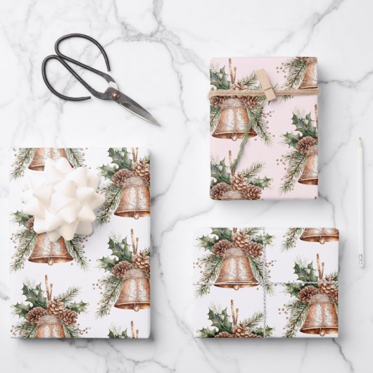 金ゴールドブロンズホワイトクリスマスベル ラッピングペーパーシート (正面)