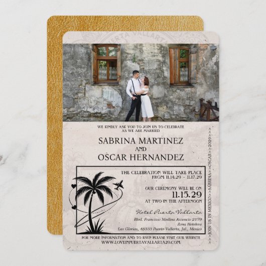 金ゴールドプエルタバラルタパスポ結婚ート 招待状 (正面/裏面)