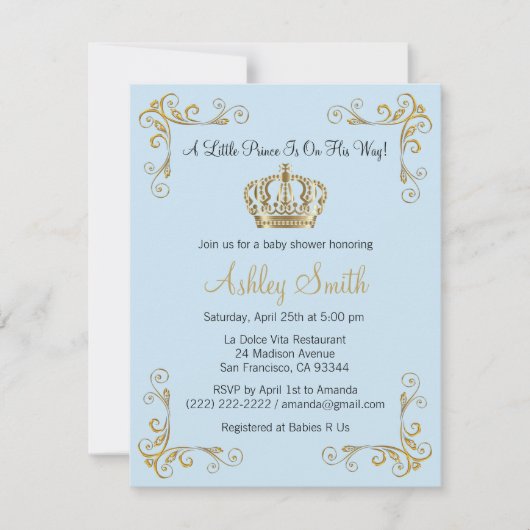金ゴールドプリンスベビーシャワー招待状- パーソナライズされた 招待状 (正面)