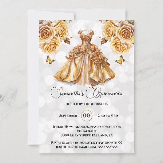 金ゴールドプリンセスキンセアニラファンタジーボールガウンバラ 招待状 (正面)