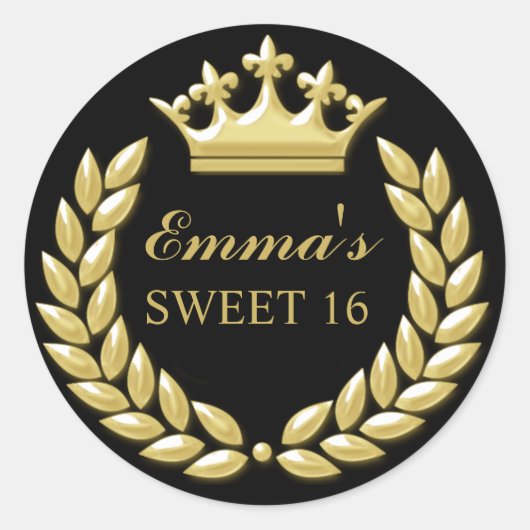 金ゴールドプリンセスパーソナライズされたクラウンブラックスウィート16 ラウンドシール (正面)