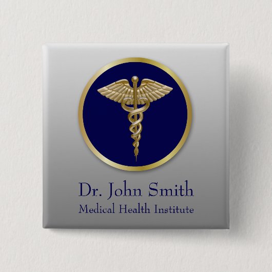 金ゴールドプロフェッショナルカドゥセウスブルーメディカル 缶バッジ (正面)