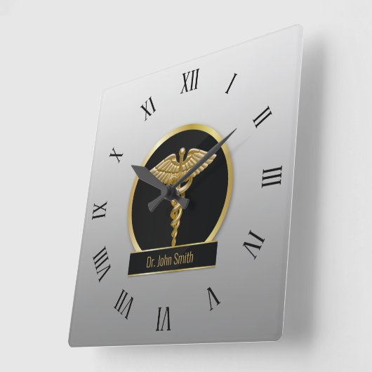 金ゴールドプロフェッショナル医用カドゥセウス スクエア壁時計 (傾斜)