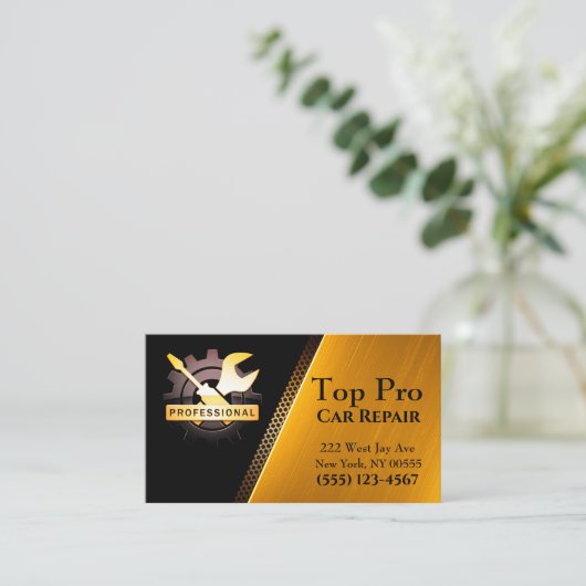 金ゴールドプロフェッショナル工具自動補修カー整備士 名刺 (スタンド正面)