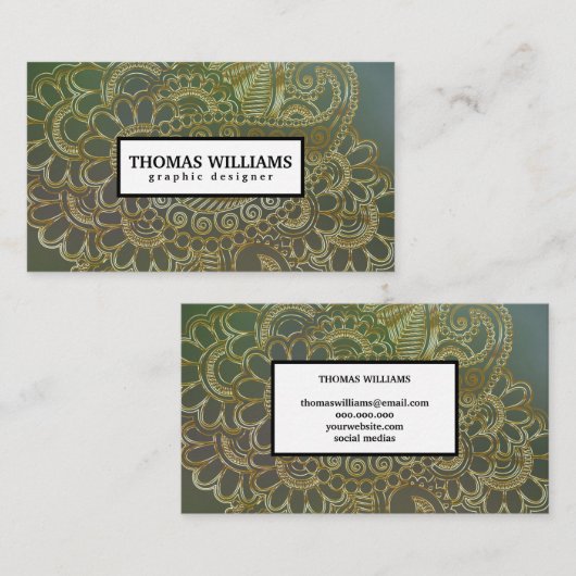 金ゴールドヘナ花背ペイズリー模様 名刺 (正面/裏面)