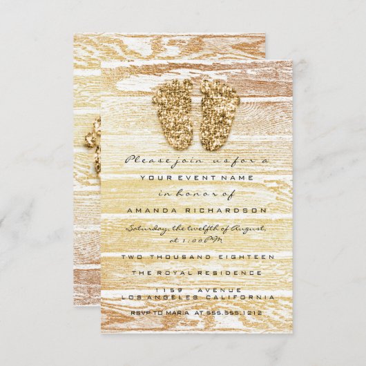 金ゴールドベビーシャワー足ウッドガール素朴ボーイ 招待状 (正面/裏面)