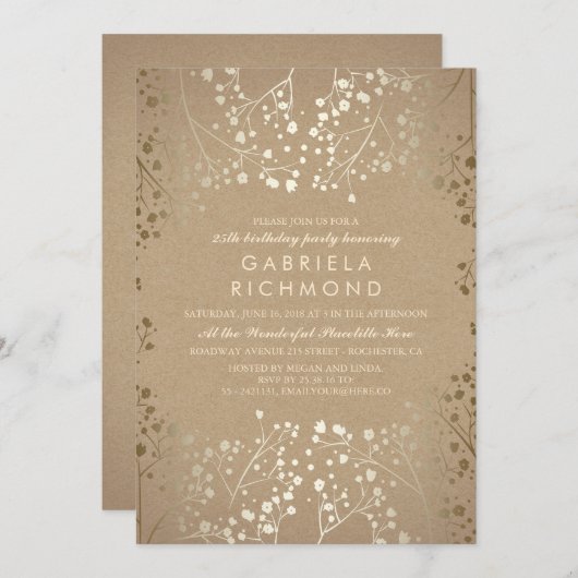 金ゴールドベビーズブレスクラフトバースデーパーティー 招待状 (正面/裏面)