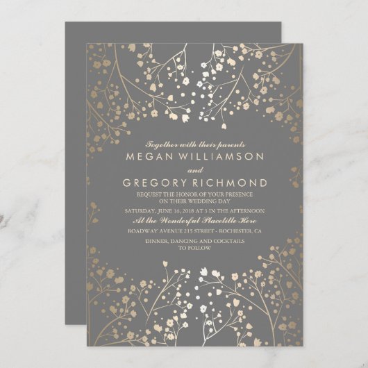 金ゴールドベビーズブレスフローラグレイ結婚ズ 招待状 (正面/裏面)