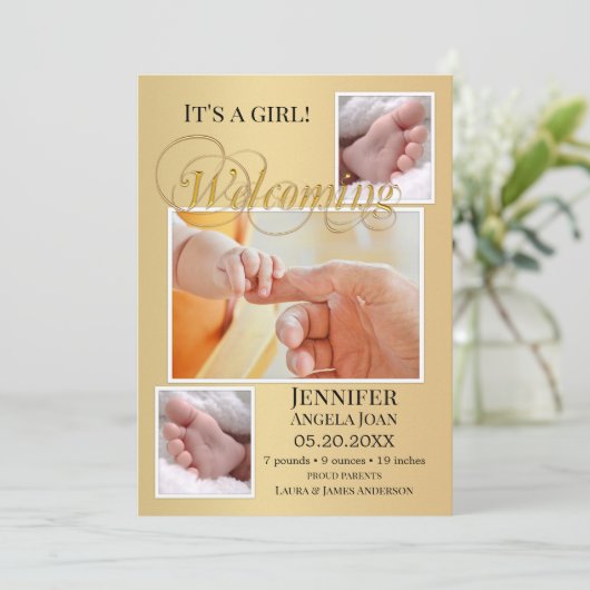 金ゴールドベビー誕生写真アナウンスメントカード 案内状 (スタンド正面)