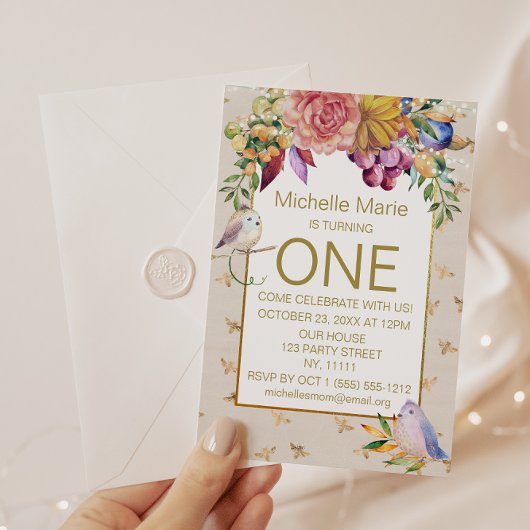 金ゴールドベビー鳥バンブルビーファースト誕生日 招待状