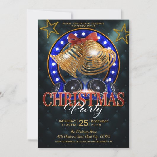 金ゴールドベルとエレガント金ゴールドスタークリスマス 招待状 (正面)