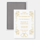 金ゴールドベルズスクロールワークデザインウェディング日付を保存 マグネット (正面/裏面)