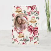 金ゴールドベルピンク弓フォトクリスマスカード シーズンカード (正面)