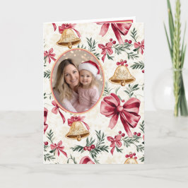 金ゴールドベルピンク弓フォトクリスマスカード シーズンカード