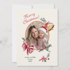 金ゴールドベルピンク弓フォトクリスマス シーズンカード