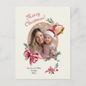 金ゴールドベルピンク弓フォトクリスマス シーズンポストカード (正面)