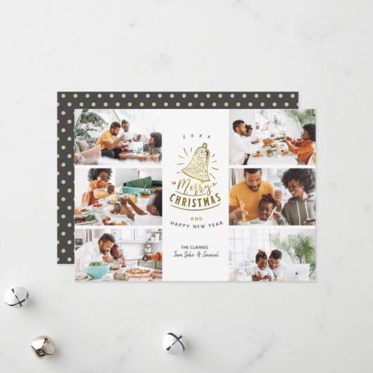 金ゴールドベルメリークリスマス6フォトコラージュ シーズンカード (正面/裏面インサイチュ)