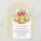 金ゴールドベル弓の水の色のアーチ結婚クリスマス 招待状 (正面/裏面)