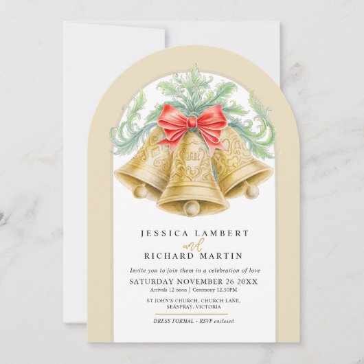 金ゴールドベル弓の水の色のアーチ結婚クリスマス 招待状 (正面)