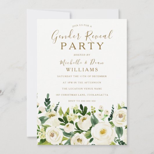 金ゴールドベージュと白の花ジェンダーがパーティーを表示 招待状 (正面)