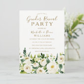金ゴールドベージュと白の花ジェンダーがパーティーを表示 招待状 (スタンド正面)