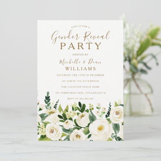 金ゴールドベージュと白の花ジェンダーがパーティーを表示 招待状 (スタンド正面)