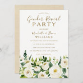 金ゴールドベージュと白の花ジェンダーがパーティーを表示 招待状 (正面/裏面)