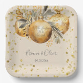 金ゴールドベージュ結婚クリスマス ペーパープレート (正面)