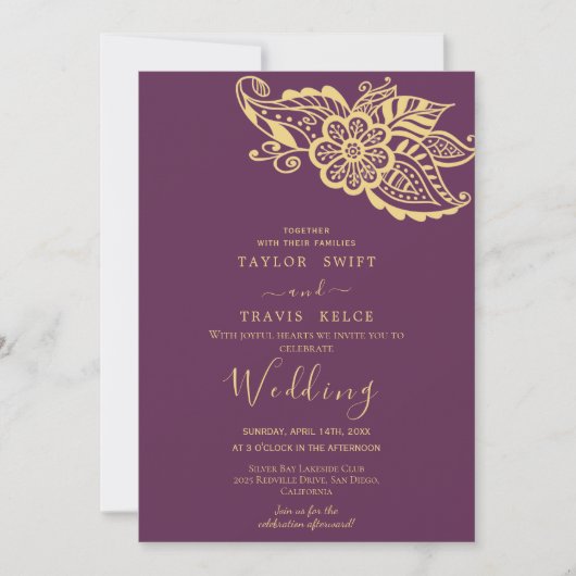 金ゴールドペイズリーインディアン結婚式招待状 招待状 (正面)