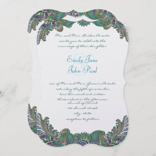 金ゴールドペイズリーピーコックカラー結婚式招待状 招待状 (正面/裏面)