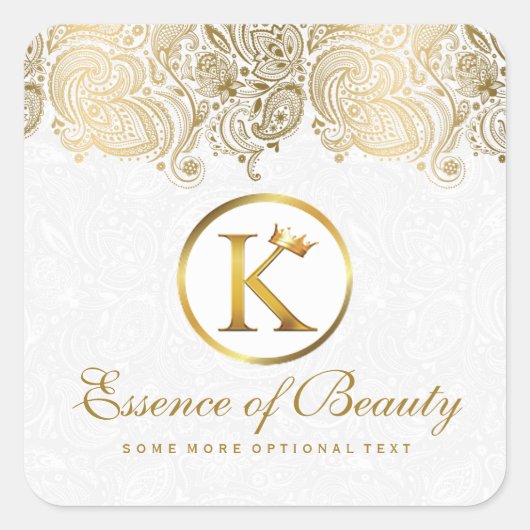 金ゴールドペイズリーフローラレースの白い背景 スクエアシール (正面)