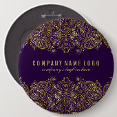 金ゴールドペイズリーレースカスタム紫色の背景 缶バッジ (正面&裏面)