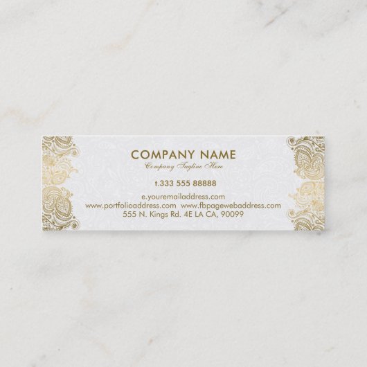 金ゴールドペイズリーレースプラッシュ白い背景 スキニー名刺 (裏面)