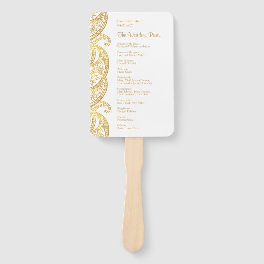 金ゴールドペイズリー伝統的インディアン結婚式 プログラム ハンドファン (正面)