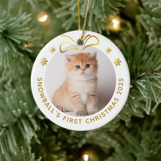 金ゴールドペットキャットクリスマスフォトパーソナライズされたホリデー セラミックオーナメント (ツリー)