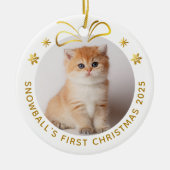 金ゴールドペットキャットクリスマスフォトパーソナライズされたホリデー セラミックオーナメント (正面)